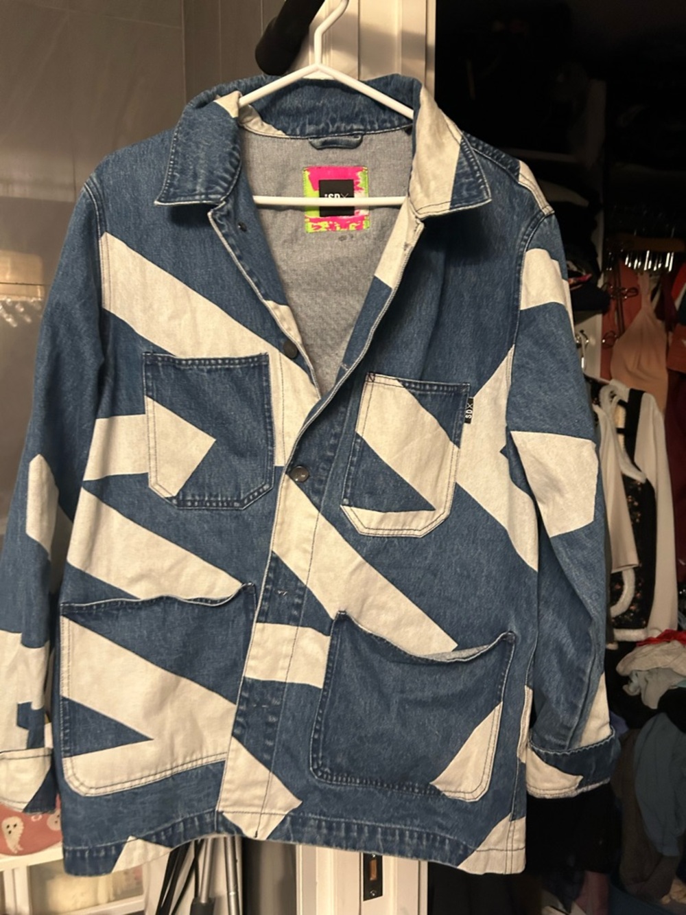 Unisex oversized medium and large  Blue & White Geometric Denim Jacket - Japan